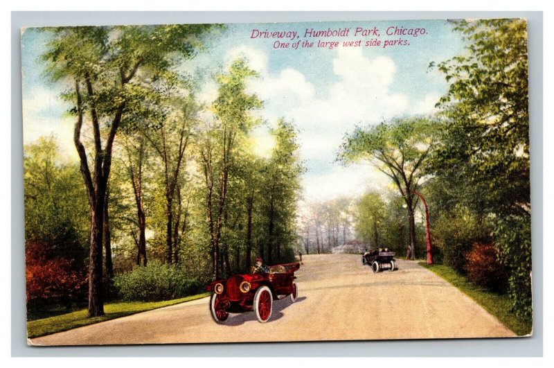 Vintage 1910's Postcard Antique Cars on Driveway Humboldt Park Chicago Illinois