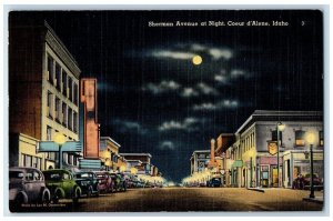 Coeur D' Alene Idaho Postcard Sherman Avenue Night Moonlight Moon c1940 Vintage