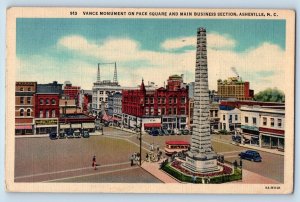 Asheville North Carolina NC Postcard Vance Monument Pack Square Business c1939