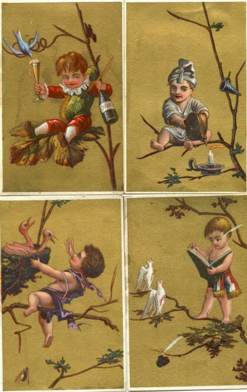 SET/4 STOCK VICTORIAN TRADE CARDS*KIDS*TREES*CHAMPAGNE*READING*CANDLE*BIRDS*GOLD