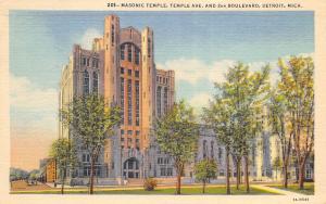 Detroit Michigan 1955 Linen Postcard Masonic Temple Temple Ave & 2nd Boulevard