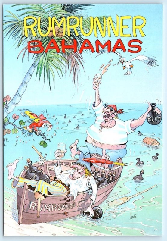 John Lodi Artist  RUMRUNNER BAHAMAS Whimsical Pirates 4x6 Postcard 1987