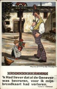 Dutch Comic - Man Smoking Fancy Pipe - Child w/ Flowers c1910 Postcard