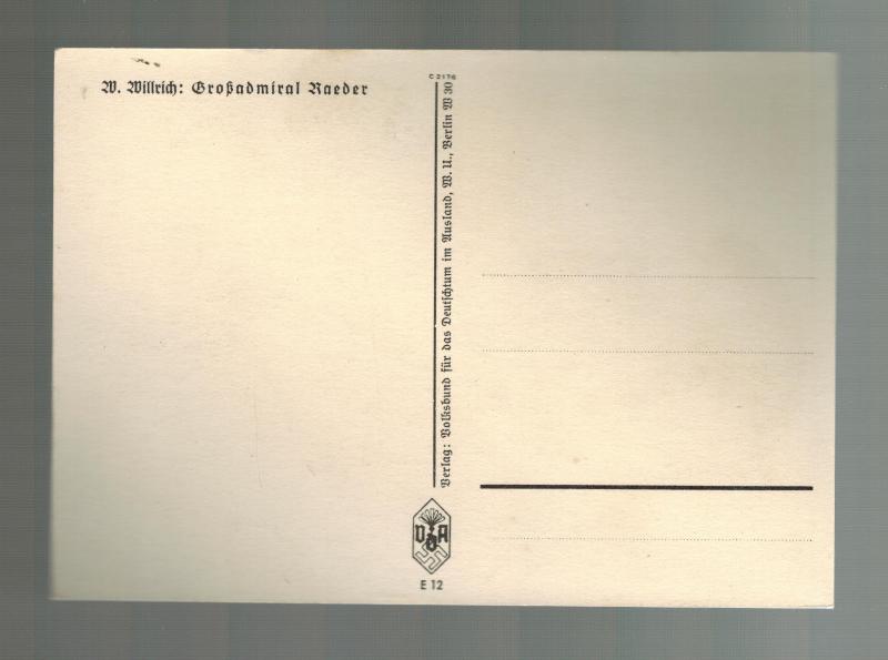 Mint Germany Navy Willrich Postcard Kriegsmarine Admiral Erich Raeder