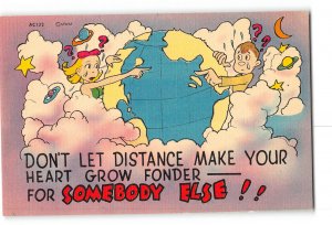 Romance Love Comic Postcard 1930-1950 Couple Across Globe  Don't Let Distance