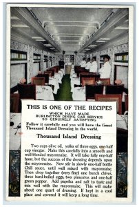 c1920's Burlington Dining Car Service Thousand Island Dressing Recipe Postcard