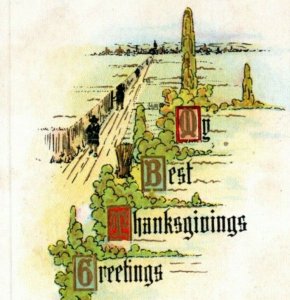 Postcard Thanksgiving - Winsch back pilgrim turkey scene