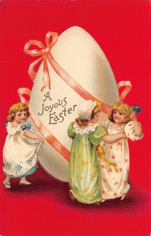 Easter Postcard Three Little Girls With a Giant White Egg Pink Ribbon~125689