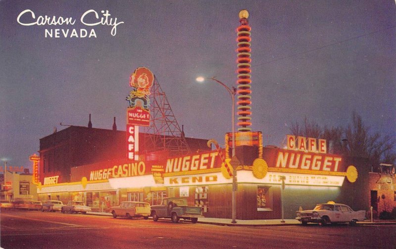 Nugget Casino CARSON CITY, NEVADA Night View Neon Signs c1960s Vintage Postcard