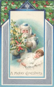 Santa Claus Blue Suited Sleeping Child Embossed Postcard #4