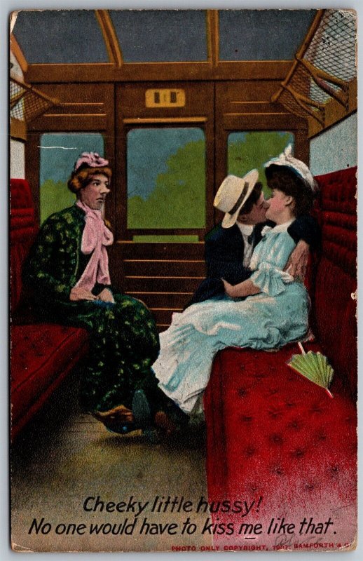 Vtg Romance Cheeky Little Hussy Kiss Me Couple on Train 1910s Postcard