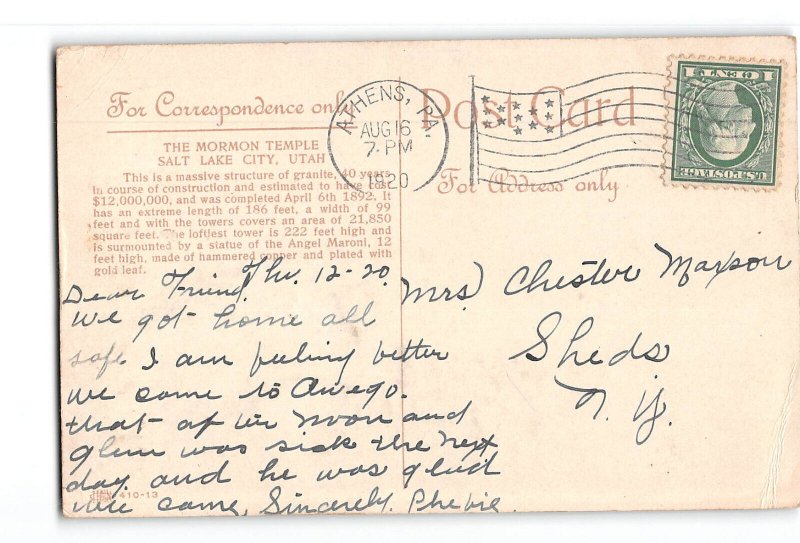 Salt Lake City Utah UT Creased Postcard 1920 The Mormon Temple Night Scene