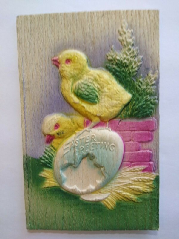 Vintage Easter Postcard Thick 3-D Raised Image Big Egg Two Chicks Pastel Unused 