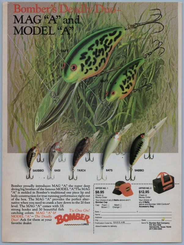 1988Bomber Fishing Lures Model A  Crank Baits Chart Print Ad