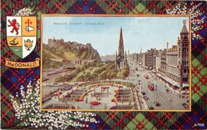 Vintage Postcard Clan Tartan Heraldry 'MacDonald', Princes St Edinburgh Scotland