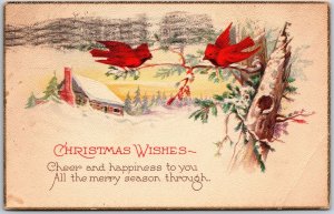 1925 Christmas Wishes Birds Landscape House On Snow Greetings Posted Postcard