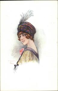 C. Santini Beautiful Woman Fashionable Hat Les Midinettes c1910 Postcard #1