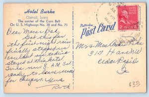 Carroll Iowa Postcard Hotel Burke Corn Belt Exterior View c1957 Vintage Antique
