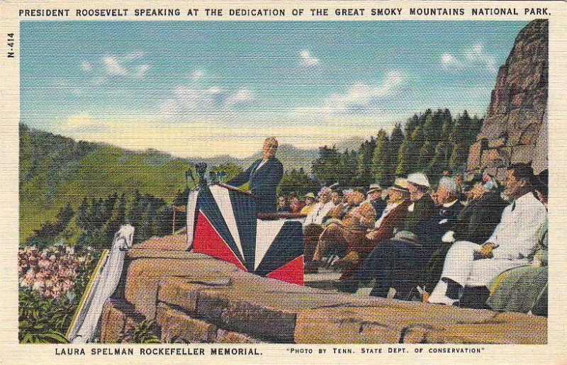 Postcard President Roosevelt Speaking Dedication Smoky Mtns Ntl Park TN