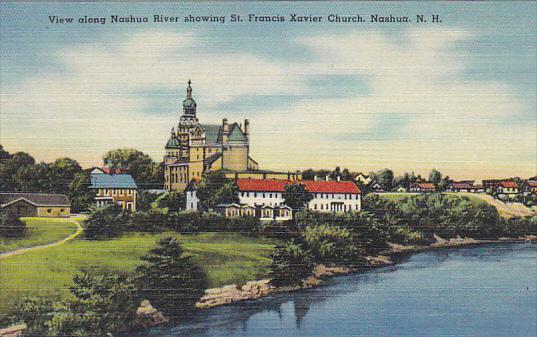 New Hampshire Nashua View Along Nashua River Showing St Francis Xavier Church