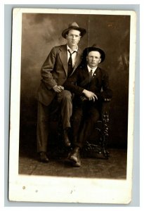 Vintage 1910's RPPC Postcard Studio Portrait of Brothers in Black Hats
