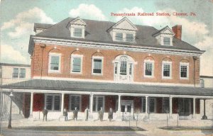 P.R.R. RAILROAD STATION TRAIN DEPOT CHESTER PENNSYLVANIA POSTCARD 1910 !!