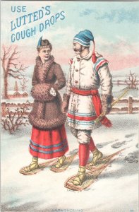 LUTTED'S COUGH DROPS - Antique Victorian Trade Card - Snowshoeing Winter Scene
