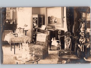 c1910 Victorian Room Interior HEAVILY DECORATED RPPC Real Photo Postcard
