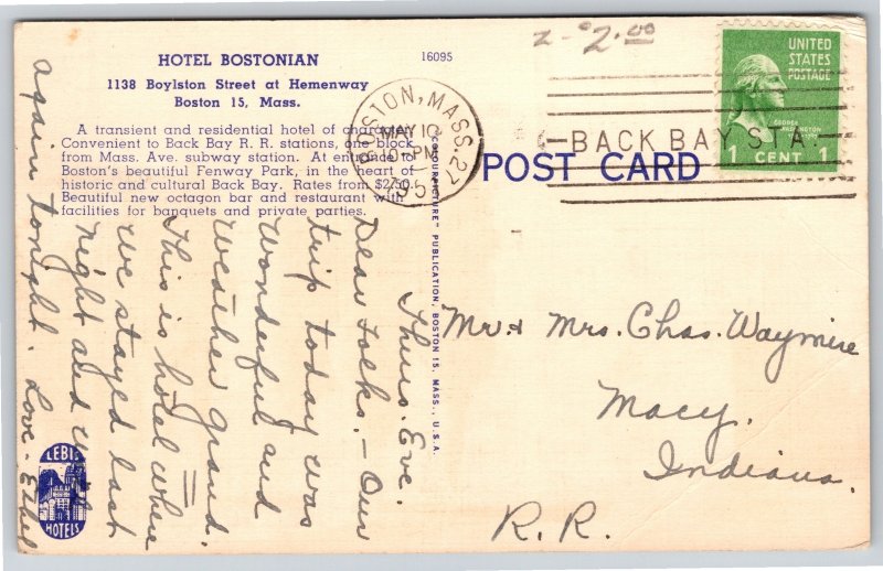Boston Massachusetts~Hotel Bostonian~Linen Postcard