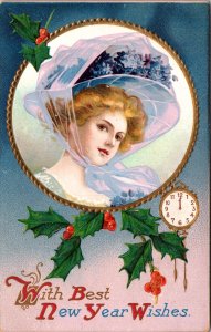 New Year Postcard Beautiful Woman Wearing Purple Bonnet Clock at Midnight