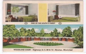 Woodland Court Motel Newton Mississippi Roadside America linen postcard