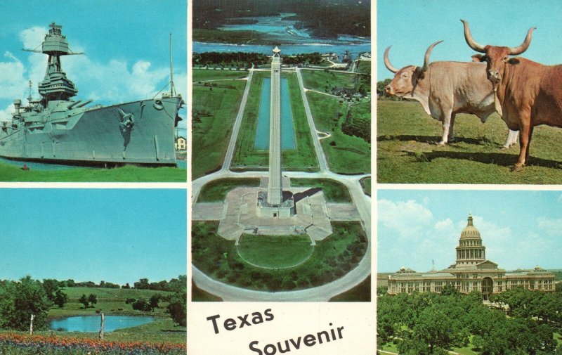 Vintage Postcard Texas Svnr Battleship B. Bonnets SJ Monument Longhorn State Cap