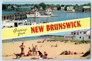 New Brunswick Canada Postcard Greetings Dual View Banner c1950s Unposted Vintag