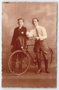 RPPC Two Handsome Young Men With Bicycle Studio Photo Postcard N30