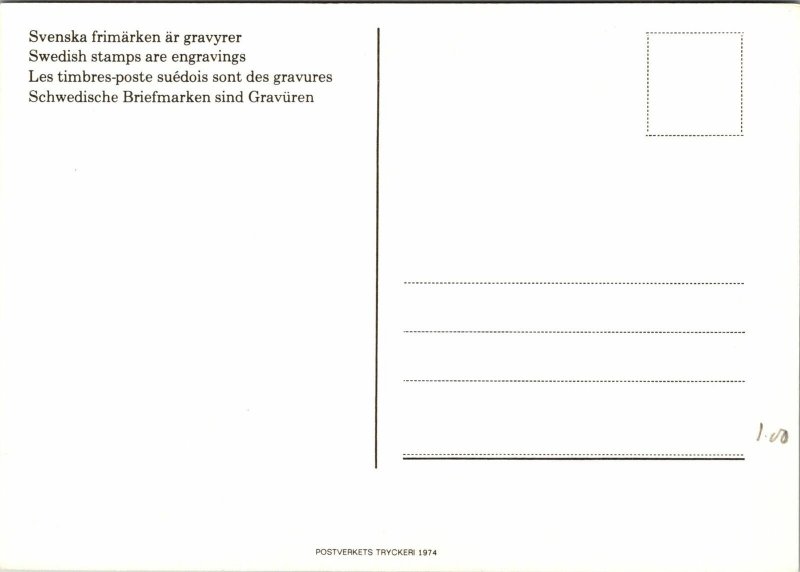 CONTINENTAL SIZE POSTCARD SWEDISH STAMPS ARE ENGRAVINGS