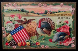 Vintage Victorian Postcard 1910 Patriotic Thanksgiving - Turkey, Eagle & Flag