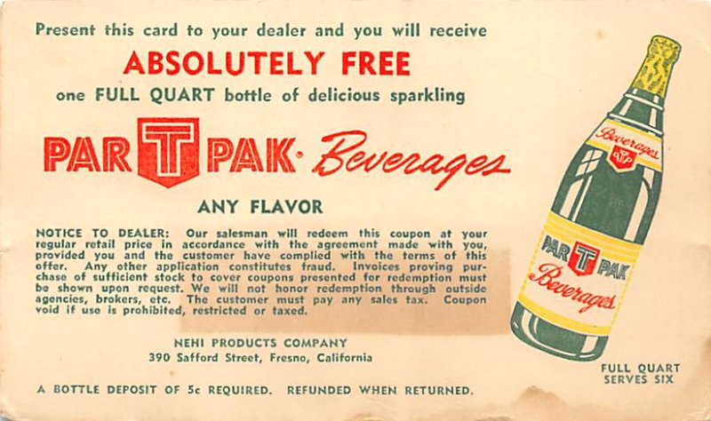 ParTPak Beverages Fresno, CA, USA Advertising Label on back stains on card