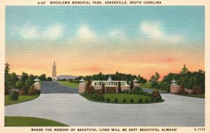 Vintage Postcard Woodlawn Memorial Park Greenville South Carolina Asheville Post