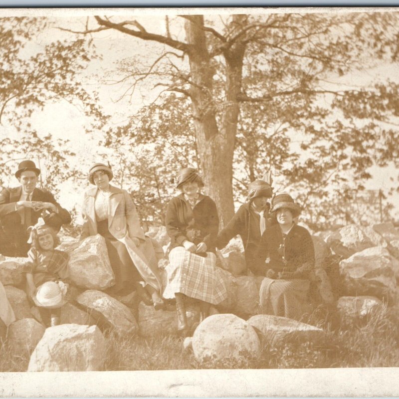 c1910s Happy Group People Nature RPPC Teeth Smile Real Photo Man Bowler Hat A214