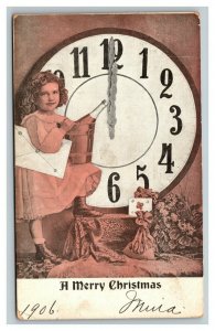 Vintage 1906 Christmas Postcard Cute Girl Bucket of Champagne Clock at Midnight