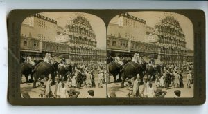 254701 INDIA Jaipur Hall of Winds Elephants 1907 STEREO PHOTO