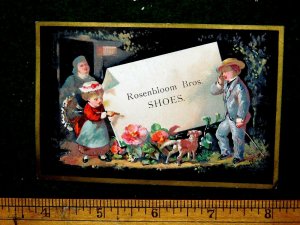 1870s-80s Lovely Black Background Rosenbloom Bros Shoes Kids Dog Card F32