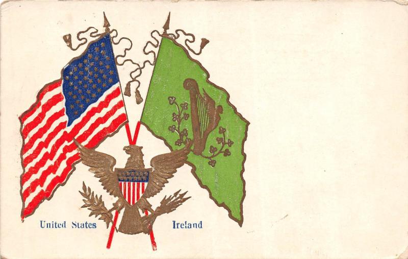 A57/ Patriotic Postcard United States USA 1918 Ireland Flag Gold Eagle 20