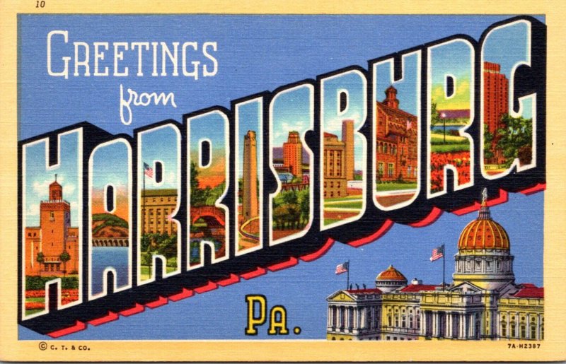 Pennsylvania Greetings From Harrisburg Large Letter Linen 1947 Curteich