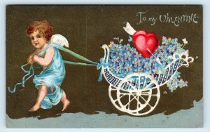 TO MY VALENTINE Cupid Pulls CART with HEARTS, FLOWERS 1910  Postcard