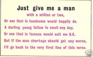 JUST GIVE ME A MAN WITH A MILLION OR TWO COMIC POSTCARD