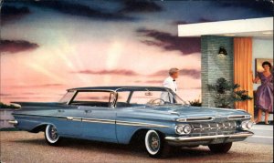 1959 Chevrolet Impala Sport Sedan Harbor Blue Classic Car Ad Vintage Postcard