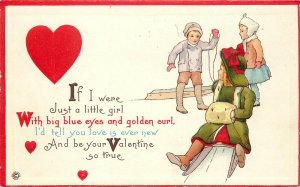 Embossed Valentine Postcard Stecher 89-F If I Were a Little Girl, Kids w/ Sleds