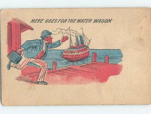 Pre-Linen patriotic MAN IN RED WHITE AND BLUE RUSHES TO CATCH SHIP BOAT HL2399