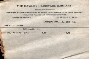 1914  Bridgeport  Connecticut  The Hawley Hardware Co.  Receipt  8 x 5
